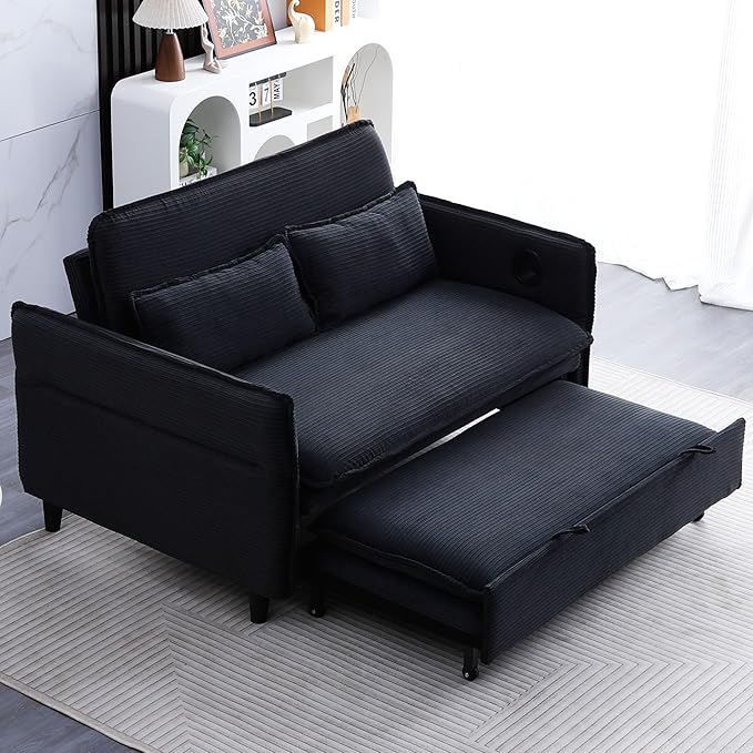 3 in 1 Convertible Sleeper Sofa Bed Loveseat Sleeper 65” Pull Out Couch Adjustable Armrest and Backrest with 2 Pillows for Living Room Bedroom (Black)