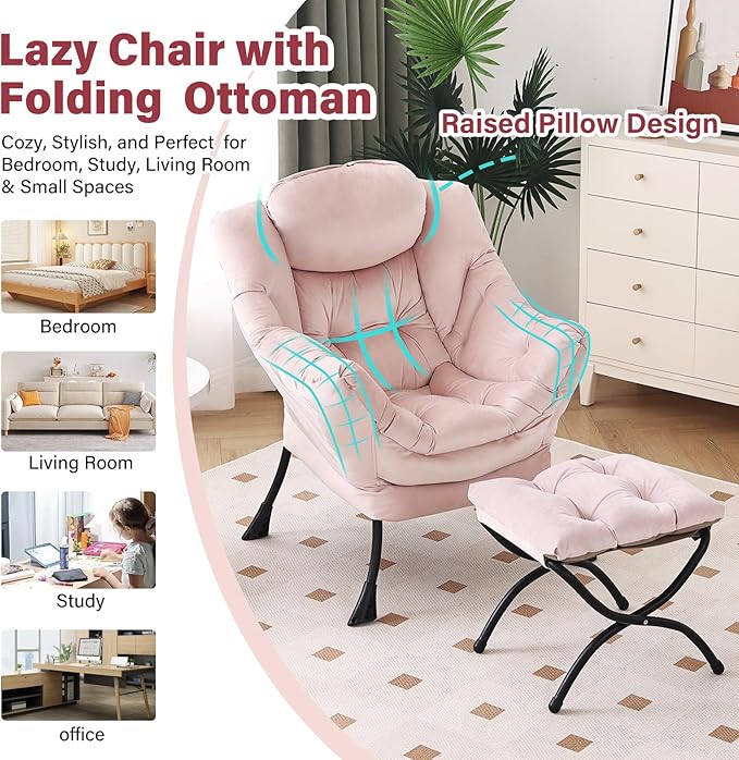 Lazy Chair with Ottoman Modern Chair with Folding Footrest Lounge Accent Chair Comfortable Reading Chair Oversized Armchairs for Bedroom Study Living Room Courtyard (Pink)