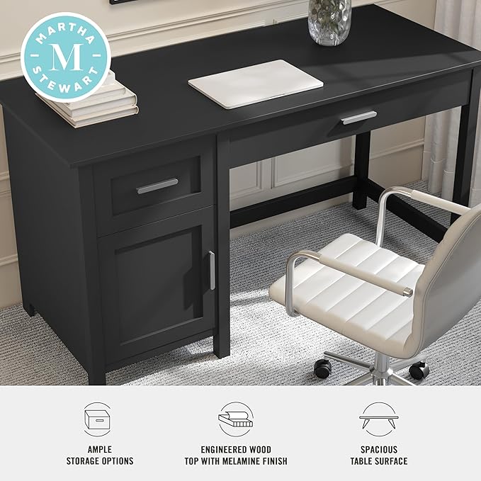 Martha Stewart Hutton Shaker Style Home Office Desk with Storage in Black with Brushed Nickel Hardware