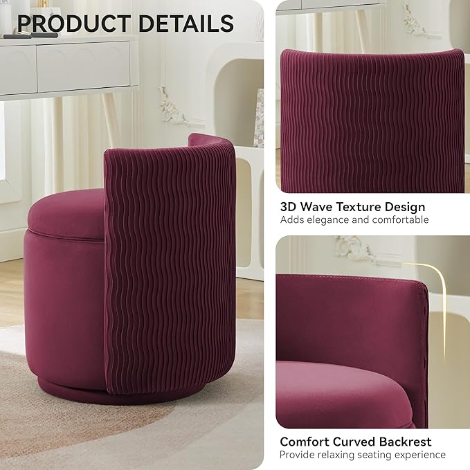 Velvet Vanity Chair with Storage 360° Swivel Makeup Chair with Wave Back No Assembly Small Accent Stool for Bedroom Dressing Living Room Burgundy