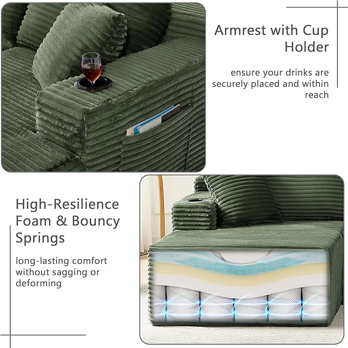 134 Cloud Couch Sectional Modular Sofa with Cup Holder and Storage Pocket Corduroy U Shaped Boneless Sofas Couch in a Box No Assembly Required Green Couches for Living Room