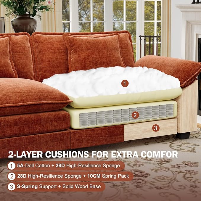 CDCASA 86 Modular Sectional Sofa Comfy L-Shaped Cloud Couch 2-Seater Chenille Deep Seat Modern Loveseat Sofa for Living Room Study Room Terracotta Orange