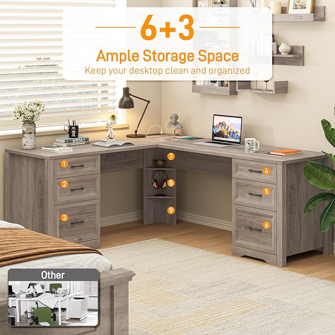 Farmhouse Home Office Desk with 6 Drawers L Shaped Executive Desk with Power Outlets and Triangle Under-Desk Storage Shelf &amp Drawer File Cabinet Corner Computer Desk Grey