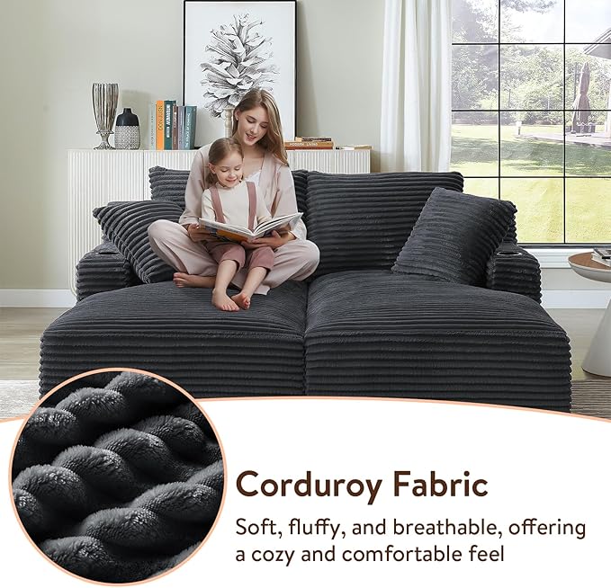 Oversized Double Chaise Lounge Chair Indoor Fluffy Upholstered Corduroy Sofa Bed with Throw Pillows Comfy Sleeper Deep Seat Sectional Loveseat Sofa Couch for Living Room (Dark Gray)