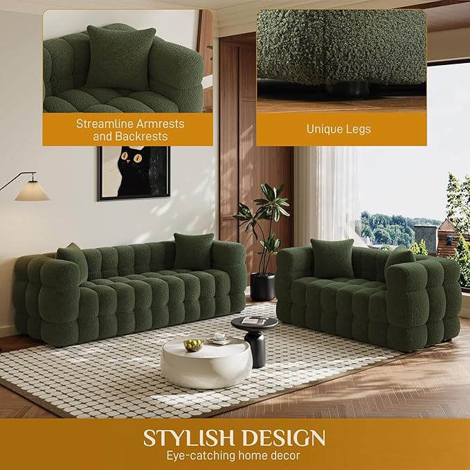 2 Piece Boucle Sofa Couch Set Comfy Upholstered Sherpa Deep Seat Cloud Couch and Loveseat Modern Tufted 3 Seater and 2 Seater Love Seat Sofa for Living Room Apartment Olive Green