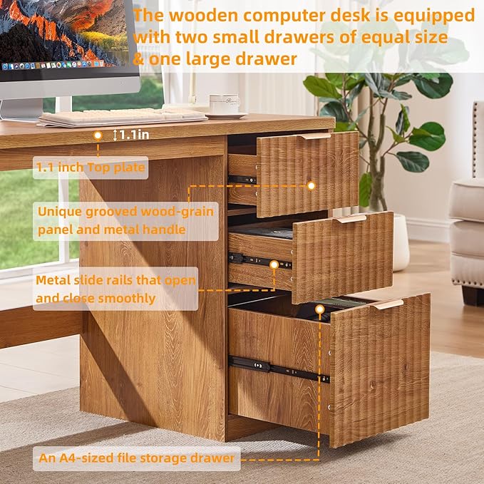 48 Modern Fluted Home Office Desk with Storage Cabinet Brown Wood Executive Desk with File Drawer &amp Golden Handles Large Computer Writing Table for OfficeStudy Living Room Bedroom