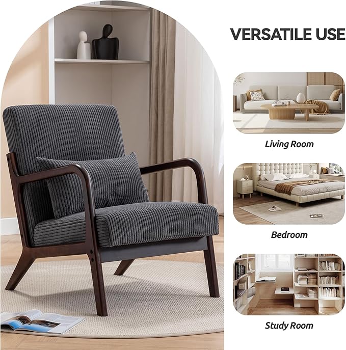 Accent Chair Mid Century Modern Chair Living Room Chairs with Pillow Upholstered Lounge Arm Chair Reading Chair with Solid Wood Frame &amp Corduroy Fabrics for Living Room Bedroom