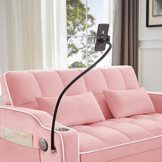 SLEERWAY 3-in-1 Convertible Futon Sofa Bed Chair Multi-Functional Sleeper Chair Bed with Pull Out Couch and Adjustable Backrest Modern Velvet Chaise Lounge Loveseat for Living Room Bedroom Pink