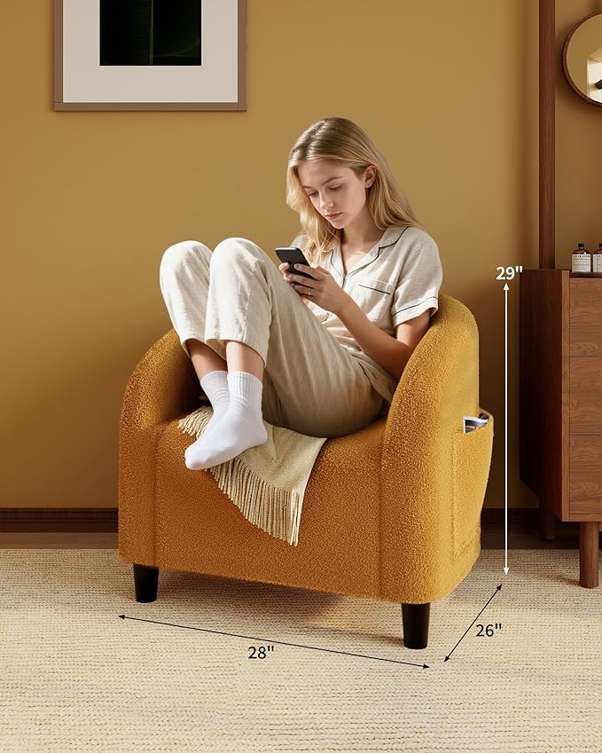 Accent Chair Boucle Fabric Barrel Chairs Comfy Round Club Armchair with Soft Cushion for Living Room Bedroom Reading Waiting Room Yellow
