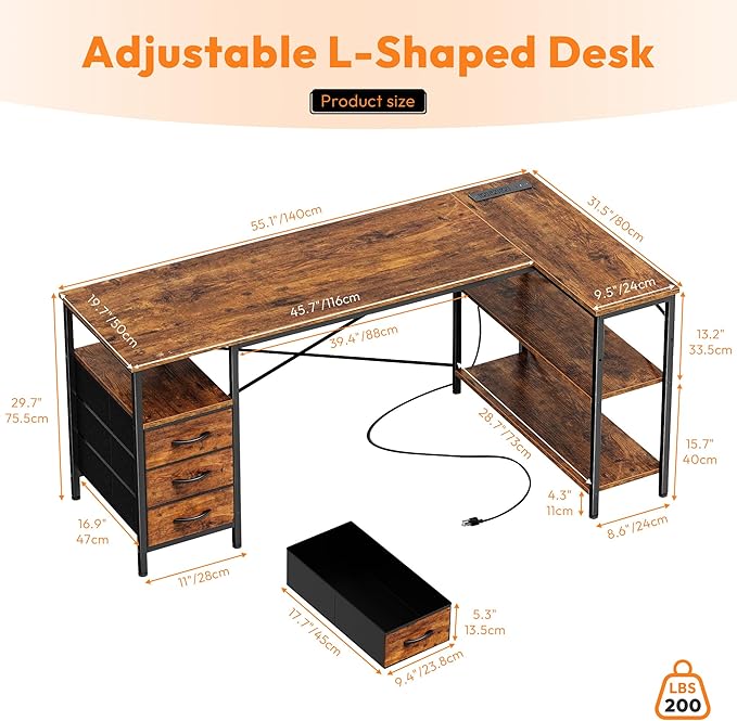 Alpen L Shaped Computer Desk 55 Inch Corner Desk with Drawers and Power Outlets Home Office Desk for Gaming Study Writing PC Table with Storage and Reversible Shelf Rustic Brown