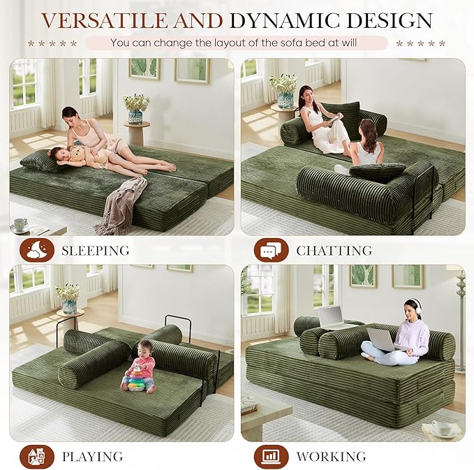 Modular Couch Bed Convertible Folding Plush Corduroy Comfy Floor Memory Foam Compression Loveseat Sleeper Sofa Couch King Size Bed for Guest Room Living Room Bedroom No Assembly Required Green