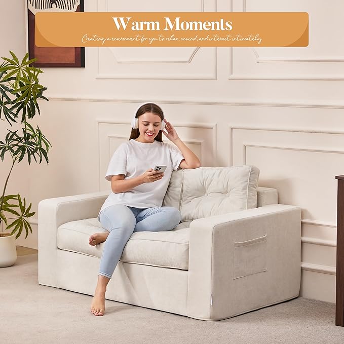 Hobestluk Sofa Couch Loveseat Sofa with Chenille Fabric 2-Seater Sofa for Small Spaces Comfortable Foam Floor Sofa 2 in 1 Boneless Couch for Living Room Bedroom Apartment or Office (Beige Loveseat)
