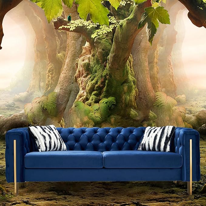 Chesterfield Modern Tufted Velvet Living Room Sofa with High Armrest and Metal Legs Decor 84.25''W 3 Seater Couch Couches Furniture for Bedroom Office (Blue)