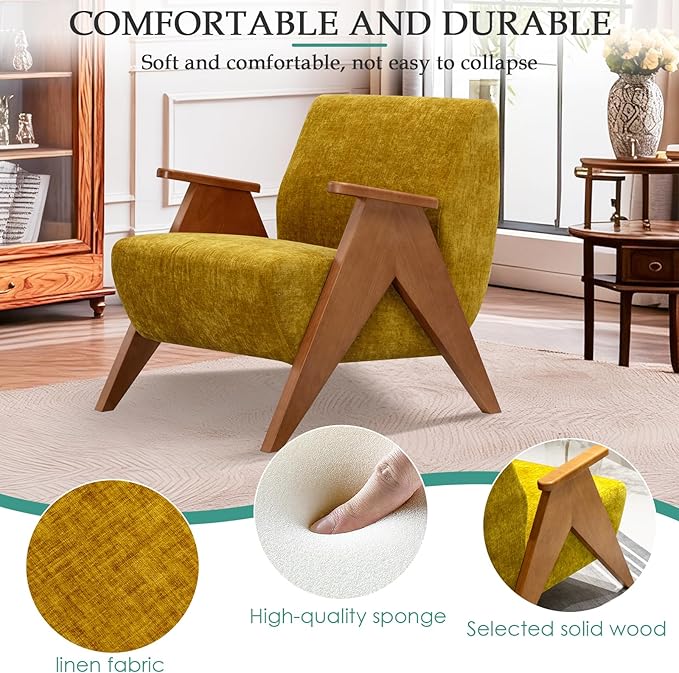 2 Pcs Home Accent Chair Mid Century Modern Accent Chair with Wood Frame Lounge Upholstered Armchair Reading Chair Sturdy BaseFor Living Room BedroomOfficeComfy Guest Waiting Room ChairsYellow