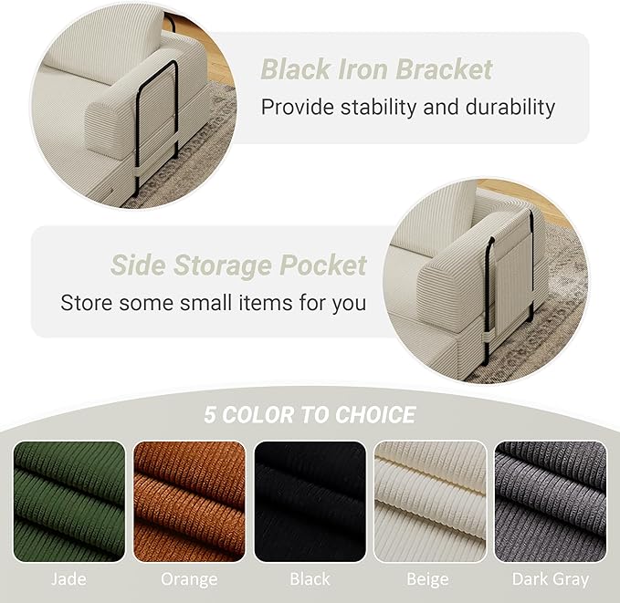 Convertible Sofa Bed 5-in-1 Pull-Out Futon Boneless Couch for Living Room &amp Guest Room Corduroy Sleeper Sofa with Steel Support Brackets 78.7 3-Seater with 2 Pillows (Beige)