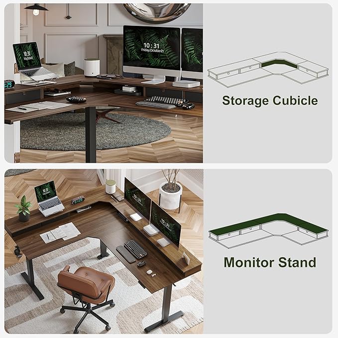 BANTI Triple Motor 75 L-Shape Standing Desk with 5 Drawers Sit Stand Home Office Desk Computer Workstation Corner Standing Desk with Spliced Panels Black Walnut Top