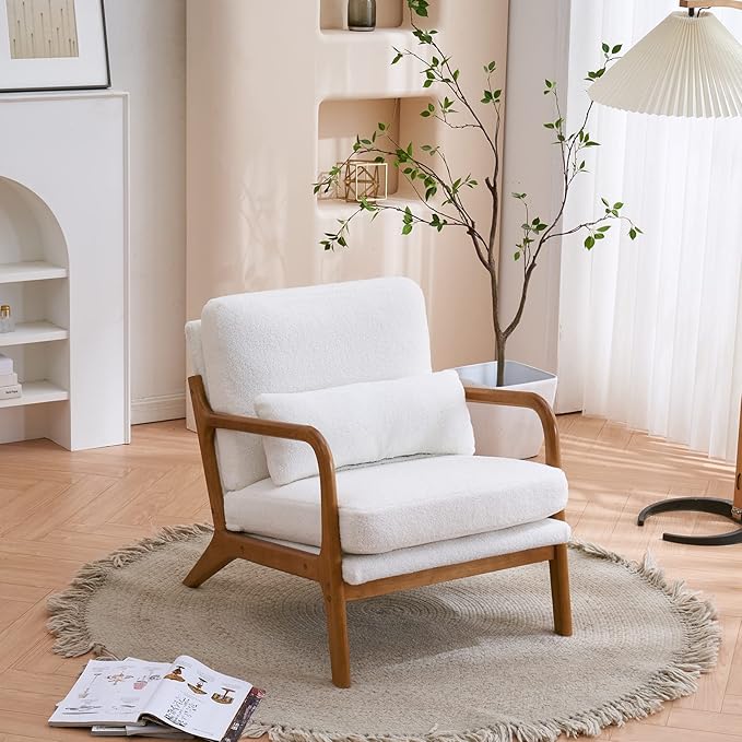 Mid-Century Armchair with Solid Wood FrameLiving Room Chair with Extra-Thick Padded Backrest and Seat CushionSingle Sofa Chairs with Non-Slip Feet105° Slop BackTeddy Accent Chair for ClubOffice