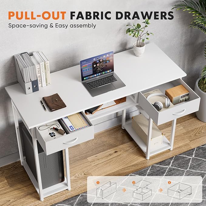 Sweetcrispy Computer Gaming Desk with Fabric Drawers - 48 Inch Home Office Bedroom Writing StudyTable with Storage Shelves Adjustable Feet PC Desk White