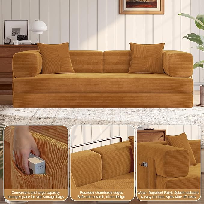 MoonSpeak 78.8''Sleeper Couch Bed for LivingroomConvertible Modular Sofa with Armrest PillowModular Foldable Corduroy Couches in a BoxNo Assembly (Yellow)
