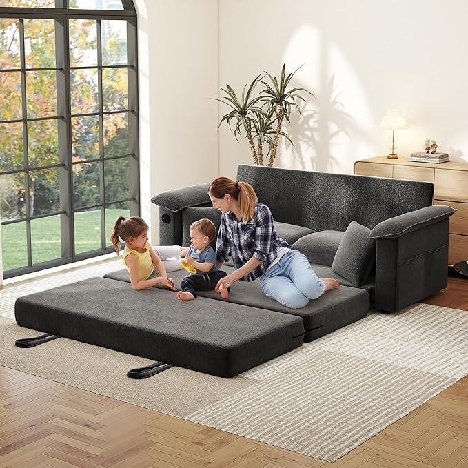 SUNWAVE Oversized Loveseat Sleeper Sofa 77 Convertible Sofa Bed 2-Seat Pull Out Couch w/USB Chenille Queen Folding Sofa Bed for Living Room Small Spaces Bedroom (Black)