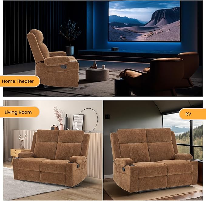 Loveseat Recliner Double Recliner Loveseat with Adjustable Footrest &amp Cup Holder Wall Hugger Recliner for Living Room &amp Home Theater &amp RV(Brown)