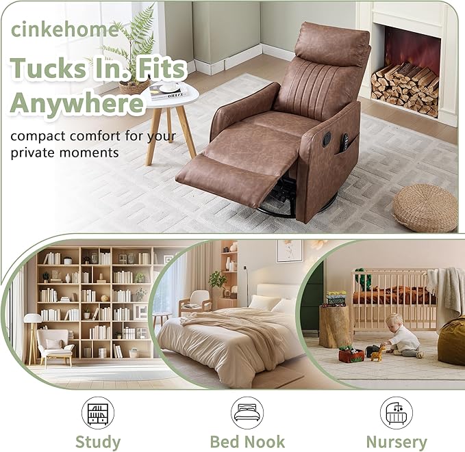 cinkehome Swivel Rocker Recliner Glider Rocker Recliner Chair for Nursery Manual Reclining Chair with Heated Massage Small Spaces Living Room Faux Leather Light Brown