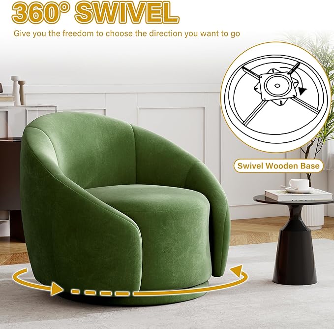 UIXE Swivel Accent Chair Velvet Barrel Chair Upholstered Arm Chair for Living Room Modern Round Club Chair with Turntable Base - Green Set of 2