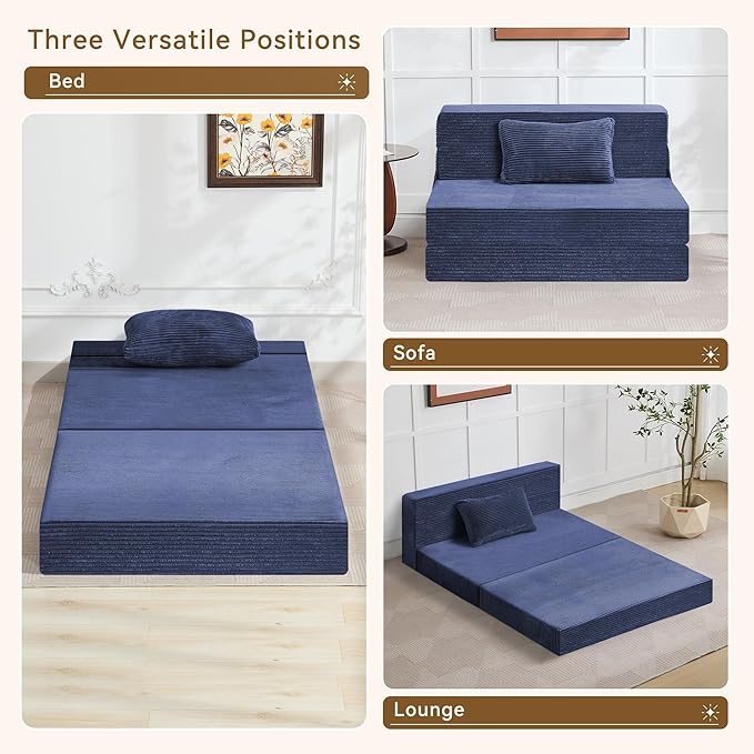Folding Sofa Bed Convertible Floor Couch Foldable Chair Bed with PillowLinen Sleeper Chair FutonFoldable Memory Foam Mattress for Bedroom/Living Room/Dorm/Office (Corduroy Navy Standard)