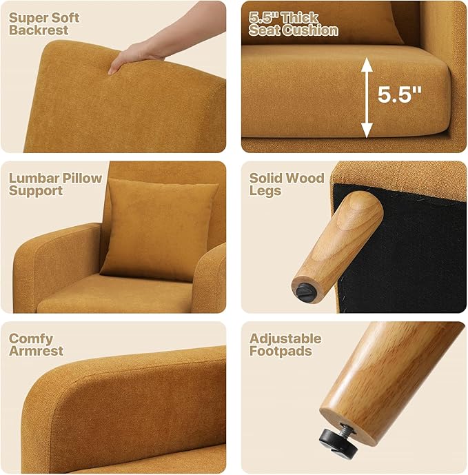 MoNiBloom Accent Chair with Back Pillow Upholstered Club Arm Chair Modern Living Room Chair with Wooden Legs for Bedroom Corner Living Room Reading Nook Yellow