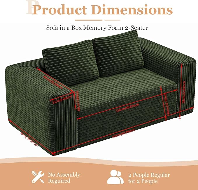 63 Green Boneless Couches for Living Room Compressed Sofa Couch in a Box Corduroy Memory Foam Floor Couch for Adults Memory Foam Deep Seat No Assembly Required (Green)