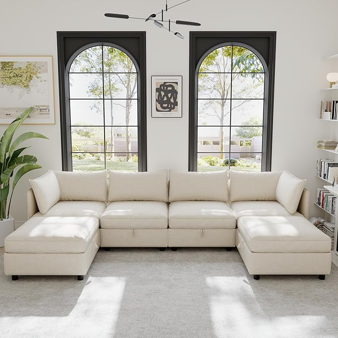 129” Modular Sectional Sofa Convertible 6 Person U Shaped Couch with Storage 2 Removable Ottomans &amp Deep Seats Memory Foam Comfy Modular Couch for Living Room (Beige 6 Seat)