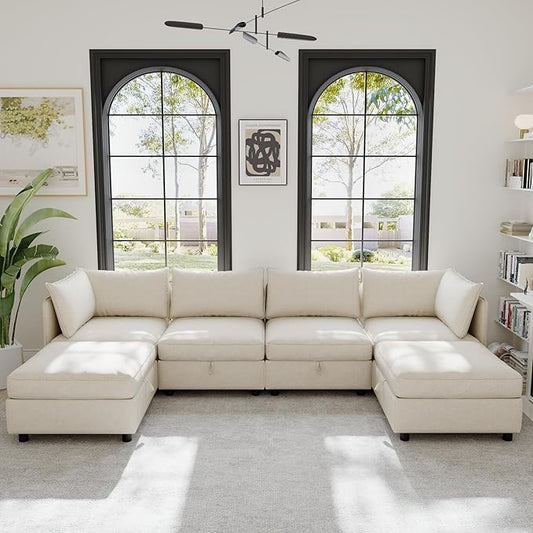 129” Modular Sectional Sofa Convertible 6 Person U Shaped Couch with Storage 2 Removable Ottomans &amp Deep Seats Memory Foam Comfy Modular Couch for Living Room (Beige 6 Seat)