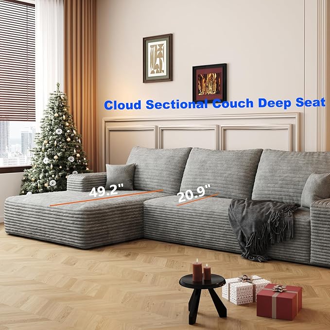 135 Boneless Cloud Modular Sectional Sofa 1 Ottoman – U-Shape Corduroy CouchSpacious Deep Seating No Assembly Ideal for Family Living RoomsGrey