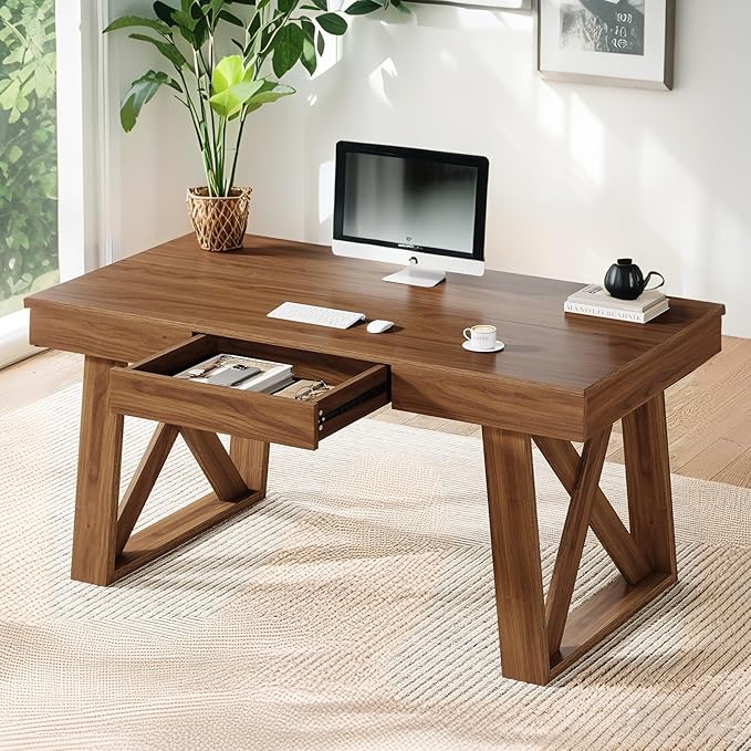 Tribesigns 55 Inch Walnut Computer Desk with Drawer Mid-Century Farmhouse Executive Desk Rustic Wide Desktop Home Office Desk for Workstation