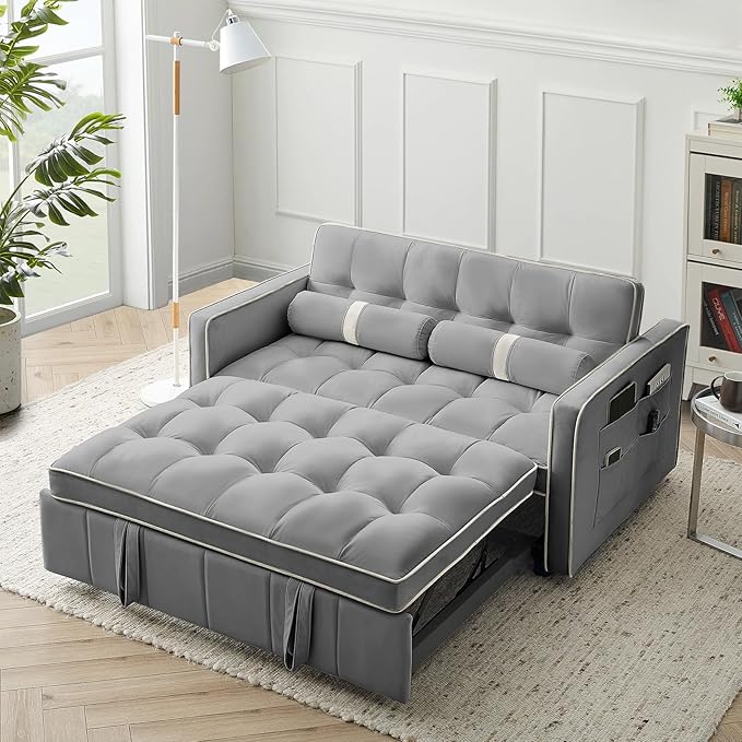 3-in-1 Convertible Sleeper Sofa Bed55.5 Modern Velvet Tufted Pull Out Couch BedFuton Small Love Seat Sofa with Adjustable Backrest&ampCylinder Pillows for Living RoomBedroomApartment(Grey)