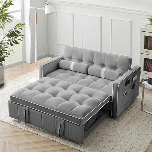 3-in-1 Convertible Sleeper Sofa Bed55.5 Modern Velvet Tufted Pull Out Couch BedFuton Small Love Seat Sofa with Adjustable Backrest&ampCylinder Pillows for Living RoomBedroomApartment(Grey)