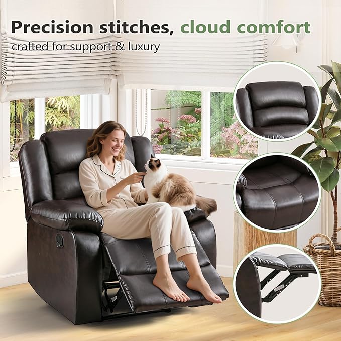 ANJ Manual Recliner Chair Breathable Faux Leather Reclining Chairs with Overstuffed Arm and Back Living Room Single Sofa Recliners (Dark Brown)
