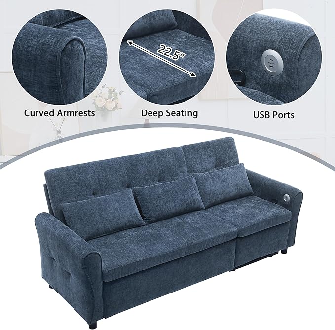 Polibi 2-in-1 Convertible Sofa Bed &amp Recliner - 3-Position Adjustable Backrest (105°-180°) Reversible Design Dual USB Ports 82 Wide Blue