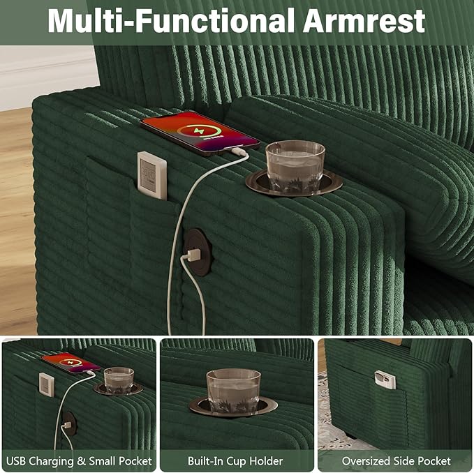 OUYESSIR 82 Loveseat Sofa for Living RoomModern Sofa with USB Charging Ports &amp Cup HoldersComfy Corduroy Couch with Upholstered Cushion3 Seater Deep Seat Couch for Small SpaceBedroom Green