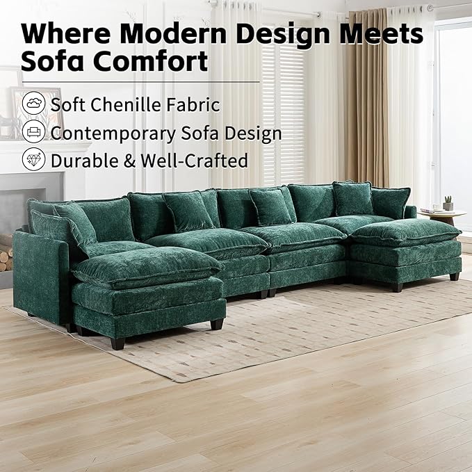 146.5 U Shaped Couch Modular Sectional Sofa Comfy Chenille Cloud Couch with Movable Ottoman and Pillow Modern 4-Seater Deep Seat Sofa for Living Room (Olive GreenU Shaped Sofa)