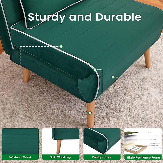 3-in-1 Convertible Sleeper Chair Futon Sofa Bed with Pillow &amp Adjustable Backrest Recliner Sleeper Sofa for Small Spaces Living Room Bedroom or Office Green
