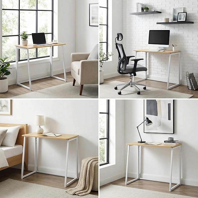 FurnitureR Folding Desk 31.5 Inches Foldable Simple Laptop Table Space Saving Computer Study Desk Compact Writing Workstation for Small Space Light Oak