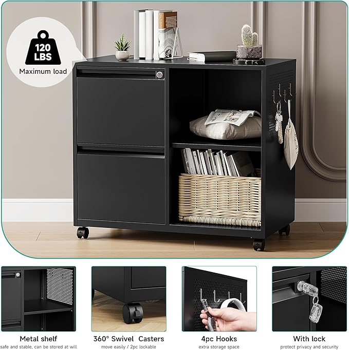 SISESOL 2 Drawer File Cabinet with Lock and ShelfMobile Lateral Filing CabinetMetal Filing Cabinets with Open Storage Shelves Organizer for Home Office Fit Legal/Letter A4 Size (Black)