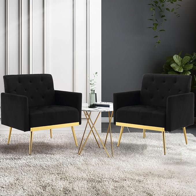 Velvet Accent Chairs Set of 2 Modern Button Tufted Armchair with Metal Legs Small Comfy Upholstered Single Reading Club Chair for Living Room Bedroom Office Decorative(Black)