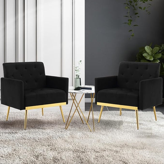 Velvet Accent Chairs Set of 2 Modern Button Tufted Armchair with Metal Legs Small Comfy Upholstered Single Reading Club Chair for Living Room Bedroom Office Decorative(Black)