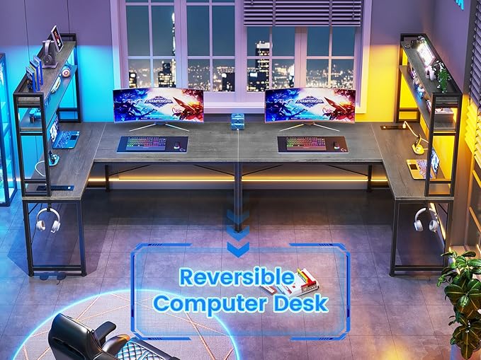 SEDETA L Shaped Computer Desk 45.3” Small Office Desk Corner Compuer Desk with Hutch LED Lights Power Outlet Storage Shelves and Hooks for Home Office Grey