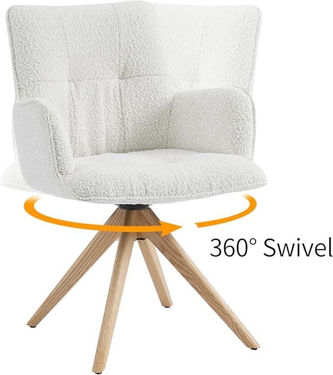 Art Leon Desk Chair No Wheels - Mid Century Modern Swivel Accent Chair Boucle Fabric Upholstered Office Chair with Oak Wood Legs for Small Space Living Room Bedroom Off White