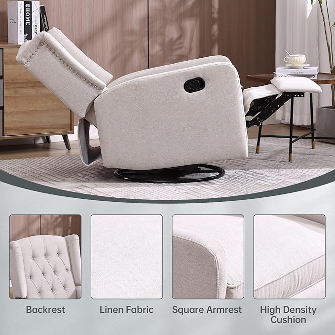 Glider Recliner Nursery Chair Cozy Linen Rocking Chair Nursery Recliner with Adjustable Button Backrest and Footrest Swivel Recliner Chair for Living Room Bedroom Office (Beige)