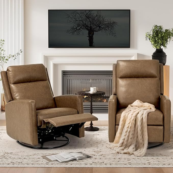 COLAMY Leather Recliner Chair for Adults Swivel Rocker Recliner for Small Spaces Wide Glider Rocking Nursery Chair with Ergonomic High Backrest for Home Living Room Office Bedroom（ Brown）