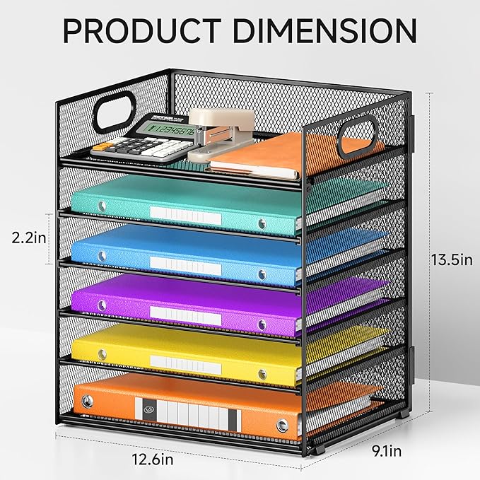6 Tray Paper Organizer Letter Tray with Handle - Mesh Desk File Organizer Paper Sorter Organizer for Office Home or School File Folder Holder -Black
